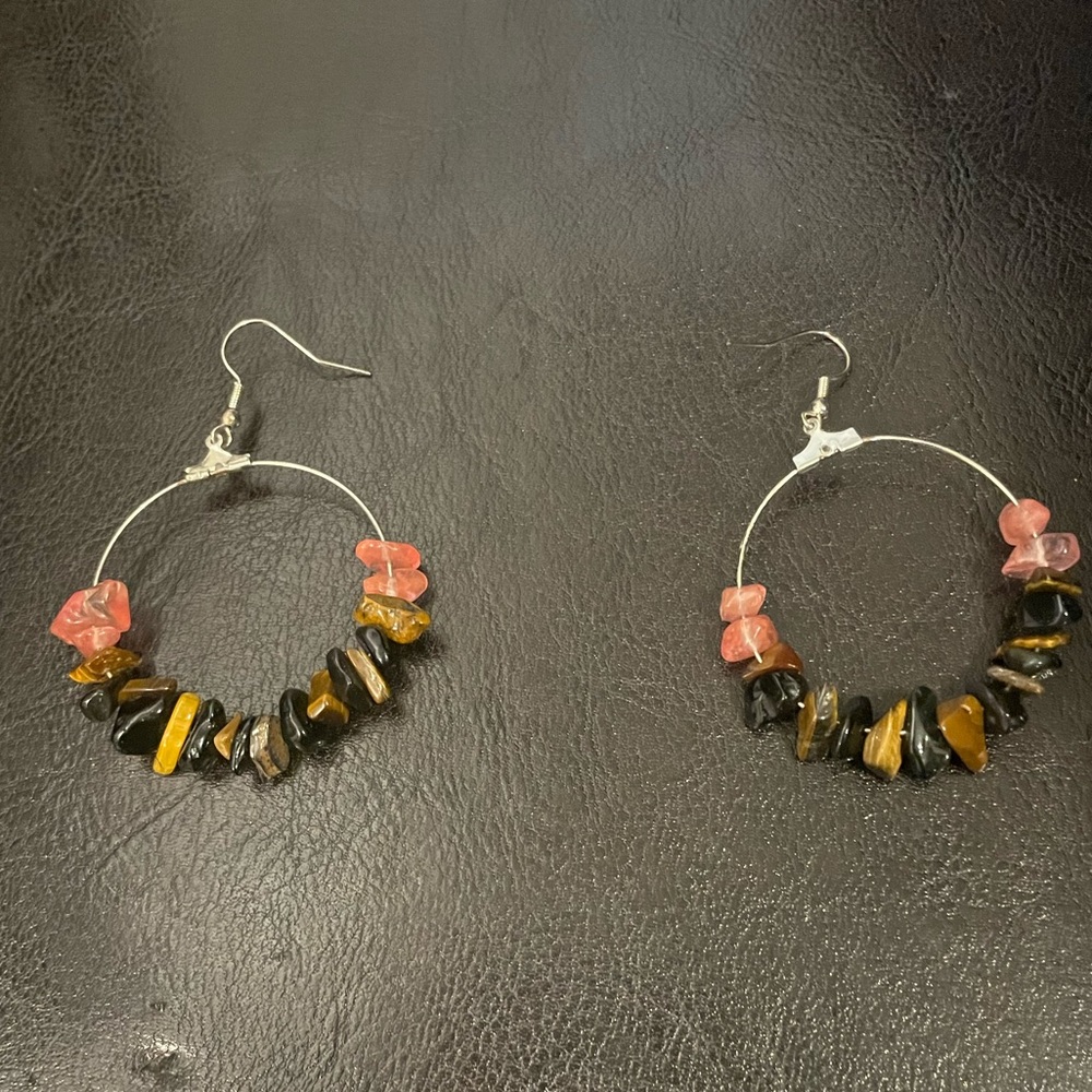 Rose quartz and tiger eye hoops